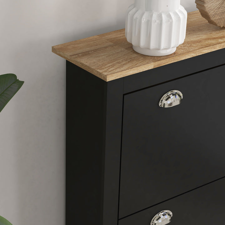 2 Drawer Shoe Cabinet Modern Narrow Shoe Cupboard Hallway Wooden Storage Organiser with Flip Doors Adjustable Shelf for 6-12 Pairs, Black