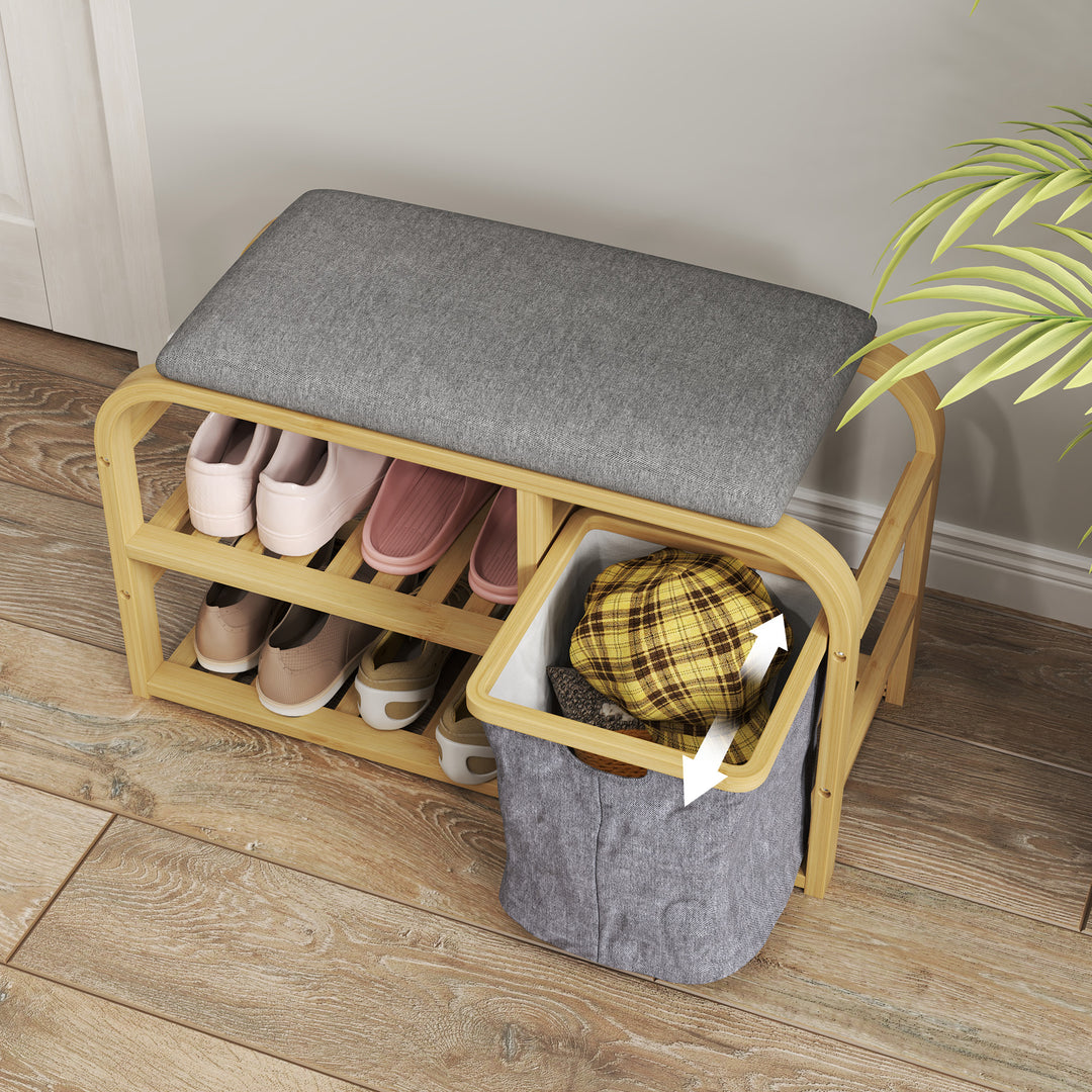 Bamboo Shoe Rack Bench with Padded Seat - Nature Wood Finish