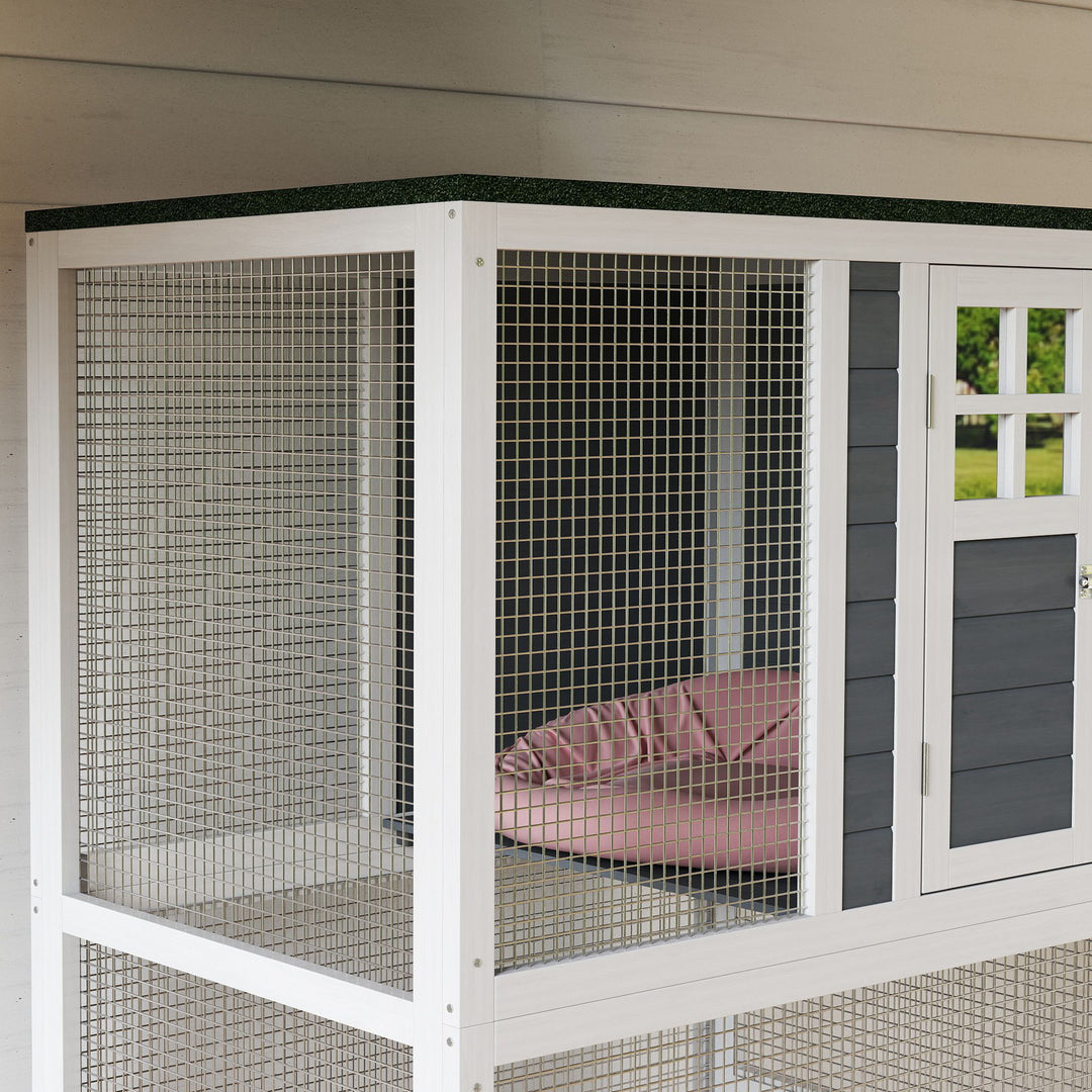 PawHut Wooden Catio Cat Outdoor Enclosure, Cat Cage with Waterproof Roof, Platforms, for Multiple Cats, White