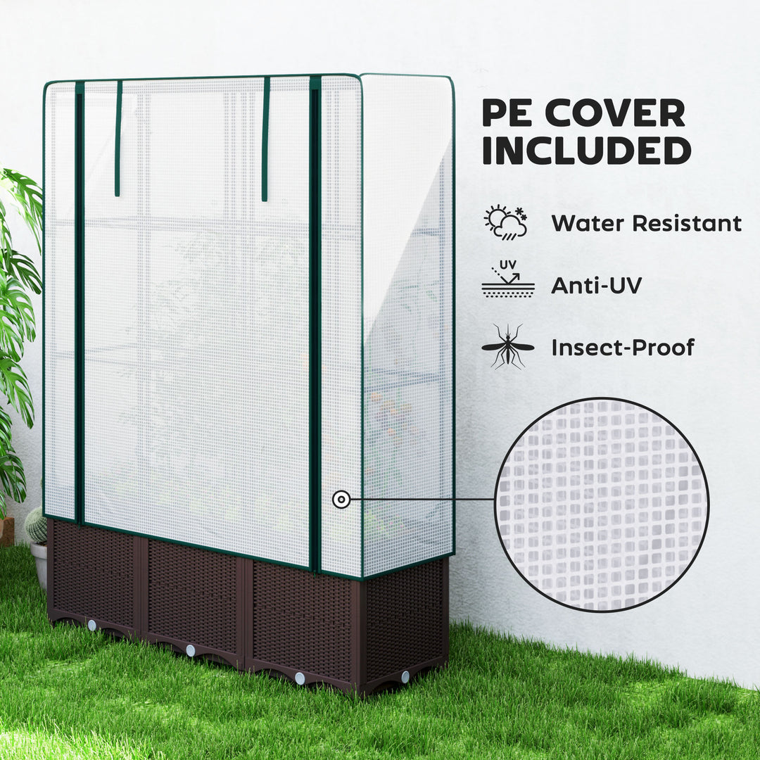 Raised Garden Bed with Trellis, Plastic Planter Box with PE Cover, Drainage Holes, Drain Plugs and Water Reservoirs for Climbing Plants, Vegetables, Flowers, 120 x 40 x 140 cm