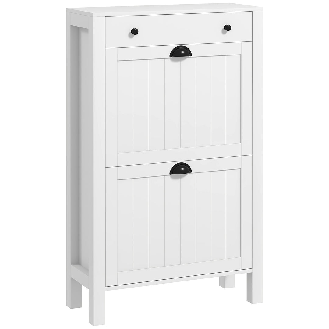 Narrow Shoe Cabinet with 2 Flip Drawers and Adjustable Shelves, White