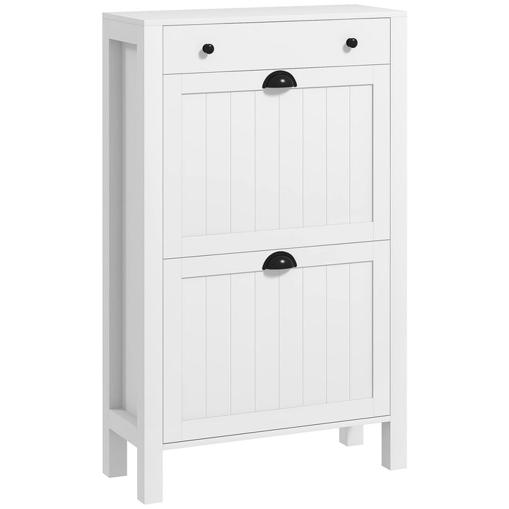 Narrow Shoe Cabinet with 2 Flip Drawers and Adjustable Shelves, White