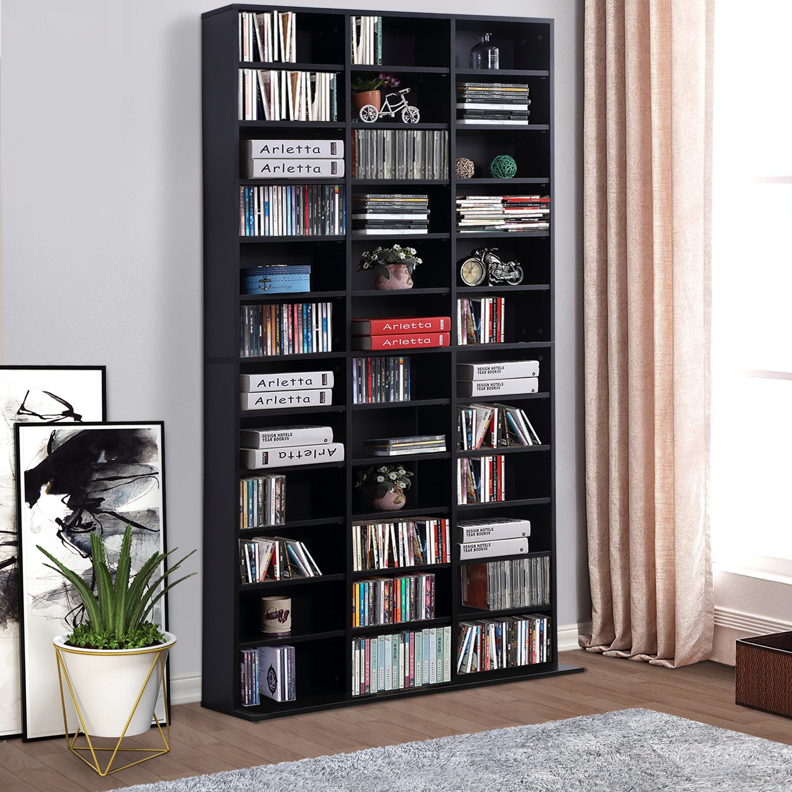 1116 CD/ 528 DVD Storage Unit, Media Storage Shelf, Wooden Display Unit with Adjustable Shelves, 102 x 195 cm, Black