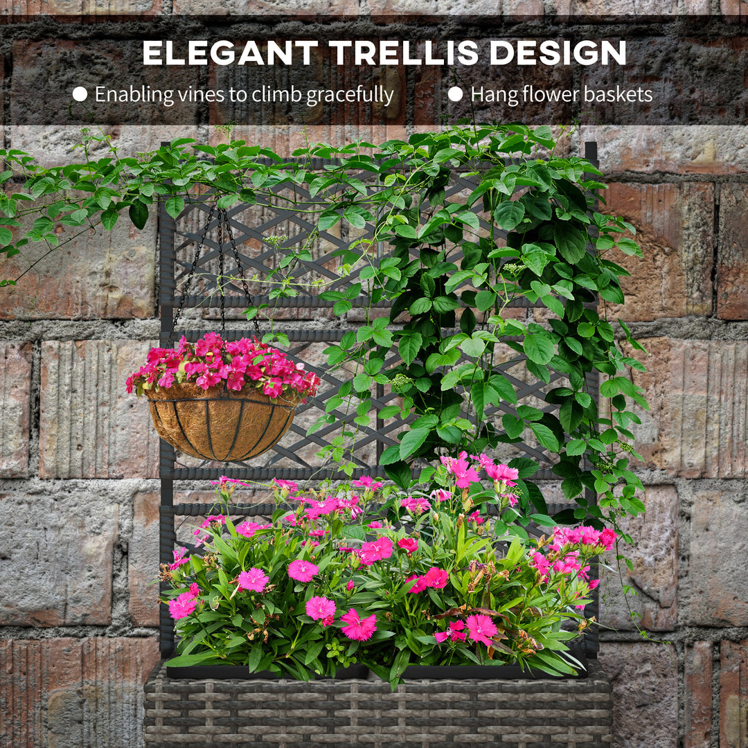 22 L Rattan Planter with Trellis, Freestanding Raised Beds for Garden with Two Plant Boxes, Outdoor Planter for Climbing Plants, Flowers, 57 x 30 x 107 cm, Mixed Grey