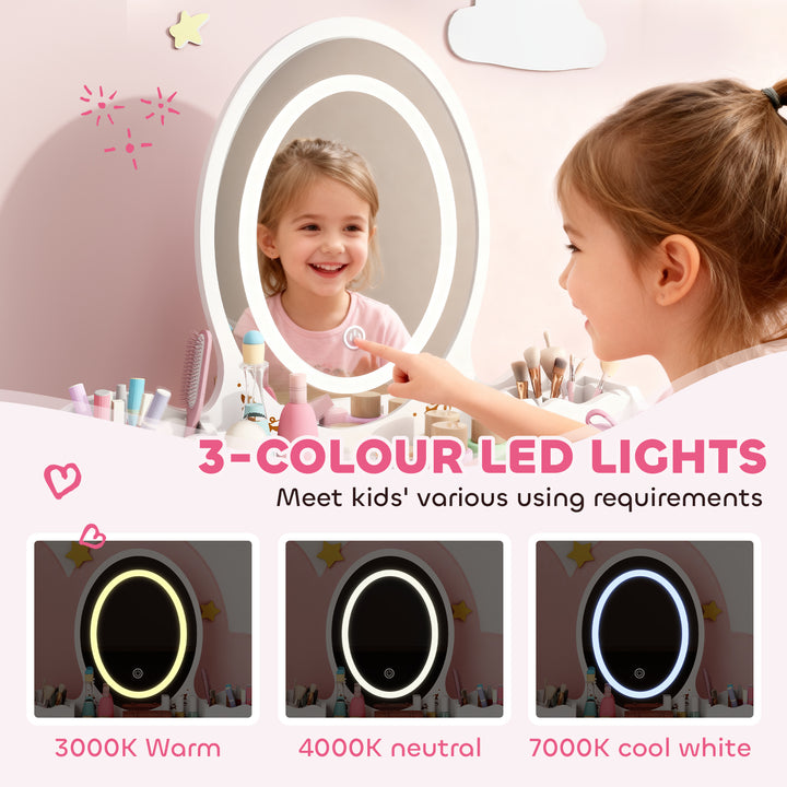 MCL Kids Vanity Table and Chair Set with 3-Colour LED Lights Mirror, Drawer, Storage Boxes, for 3+ Years, White
