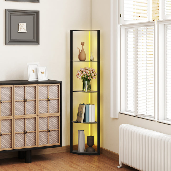 RGB LED Floor Lamp with Shelves, 5-Tier Dimmable Standing Lamp with Adjustable Brightness and Remote Control, Modern Corner Display Shelf Unit for Living Room Bedroom Office, Black