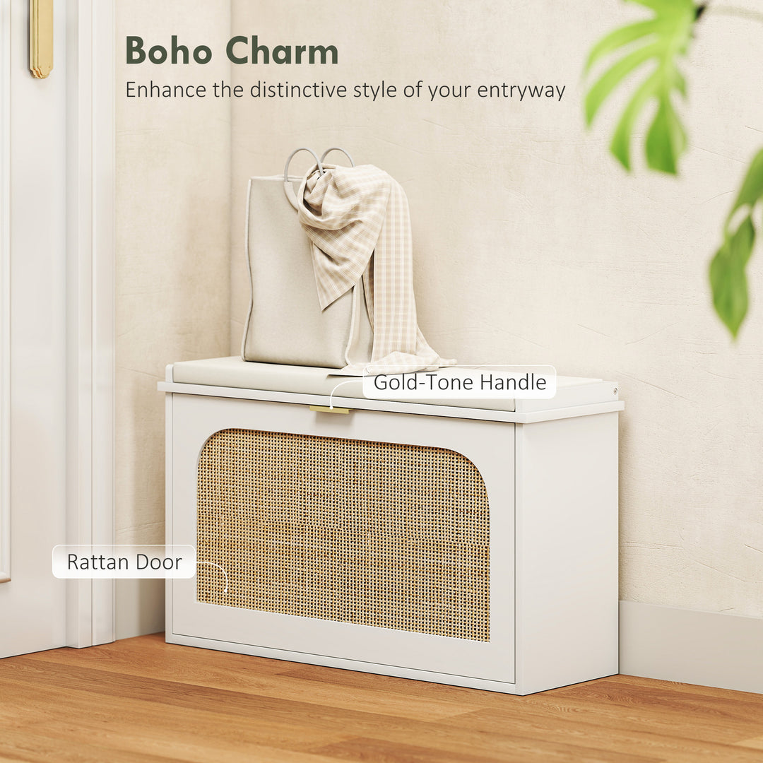 Boho Shoe Bench with Padded Seat and Flip-Drawer - White