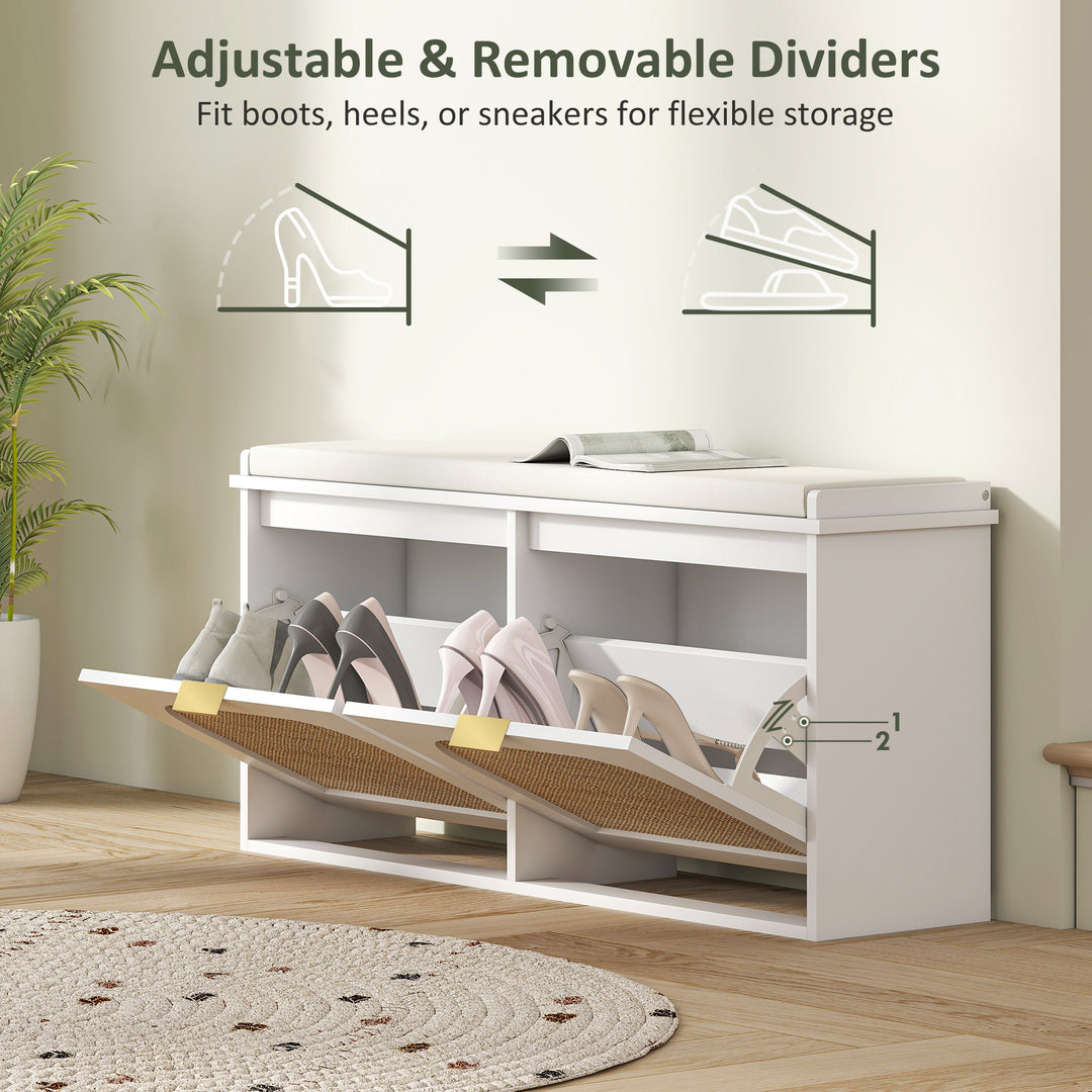 Boho Shoe Bench with Padded Seat and 2 Flip-Drawers - White