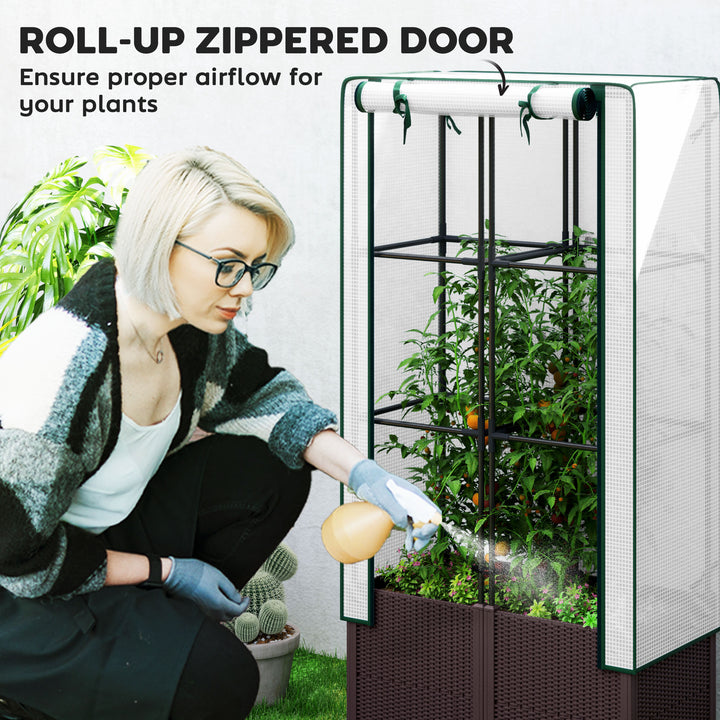 Raised Garden Bed with Trellis, Plastic Planter Box with PE Cover, Drainage Holes, Drain Plugs and Water Reservoirs for Climbing Plants, Vegetables, Flowers, 80 x 40 x 140 cm