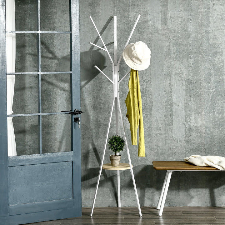 Freestanding Metal Coat Rack Stand 9 Hooks Clothes Tree with 1 Shelf Hat Display Hall Tree Hanger Bag Umbrella Hanging Organiser White