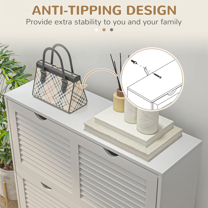 2 Drawers Entryway Shoe Cabinet, Narrow Shoe Storage Cabinet with 2 Flip Drawers, Louvred Door Design and Adjustable Shelves for 16 Pairs of Shoes, White