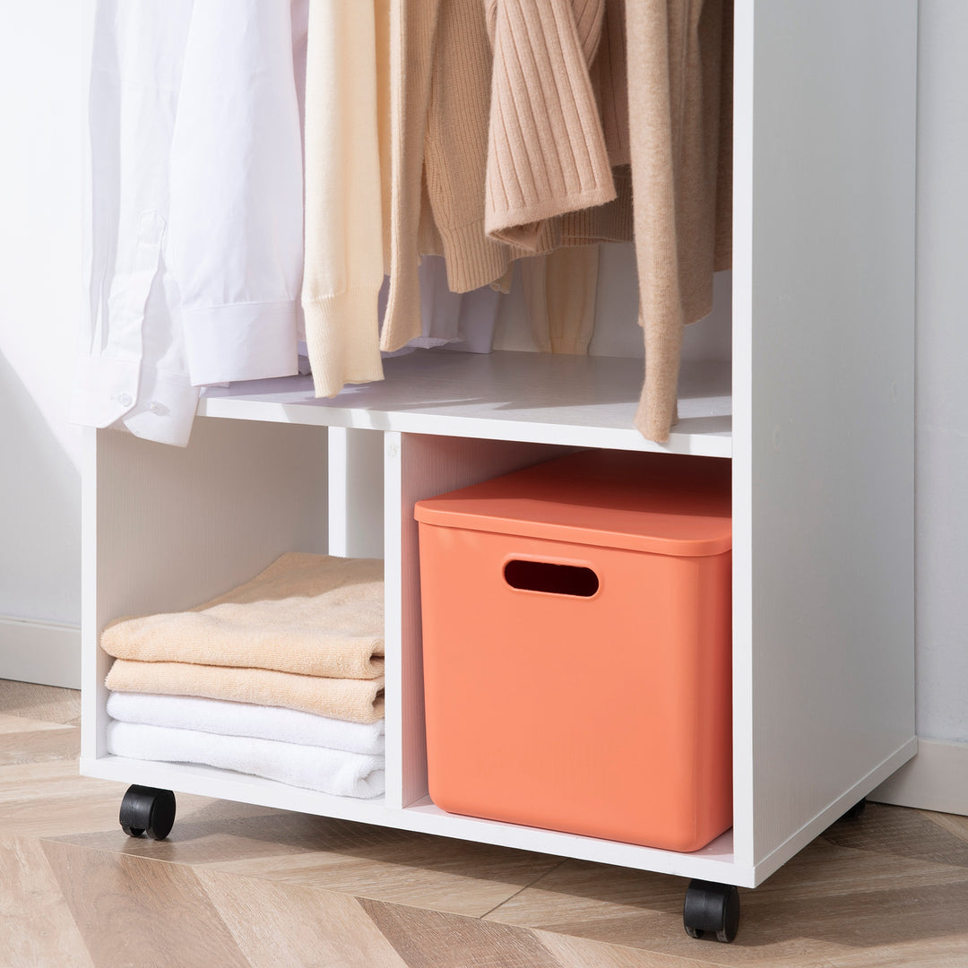 Open Wardrobe on Wheels, Bedroom Wardrobe with Clothes Hanging Rail, 2 Storage Shelves, Mobile Garment Rack for Cloakroom, Hallway, White