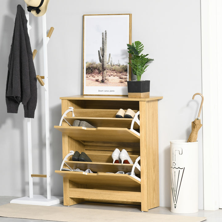 Narrow Shoe Cabinet, Space Saving Shoe Storage Cabinet with 2 Flip Drawers and Adjustable Shelves for 6-12 Pairs of Shoes for Hallways and Living Room, Natural Wood Finish