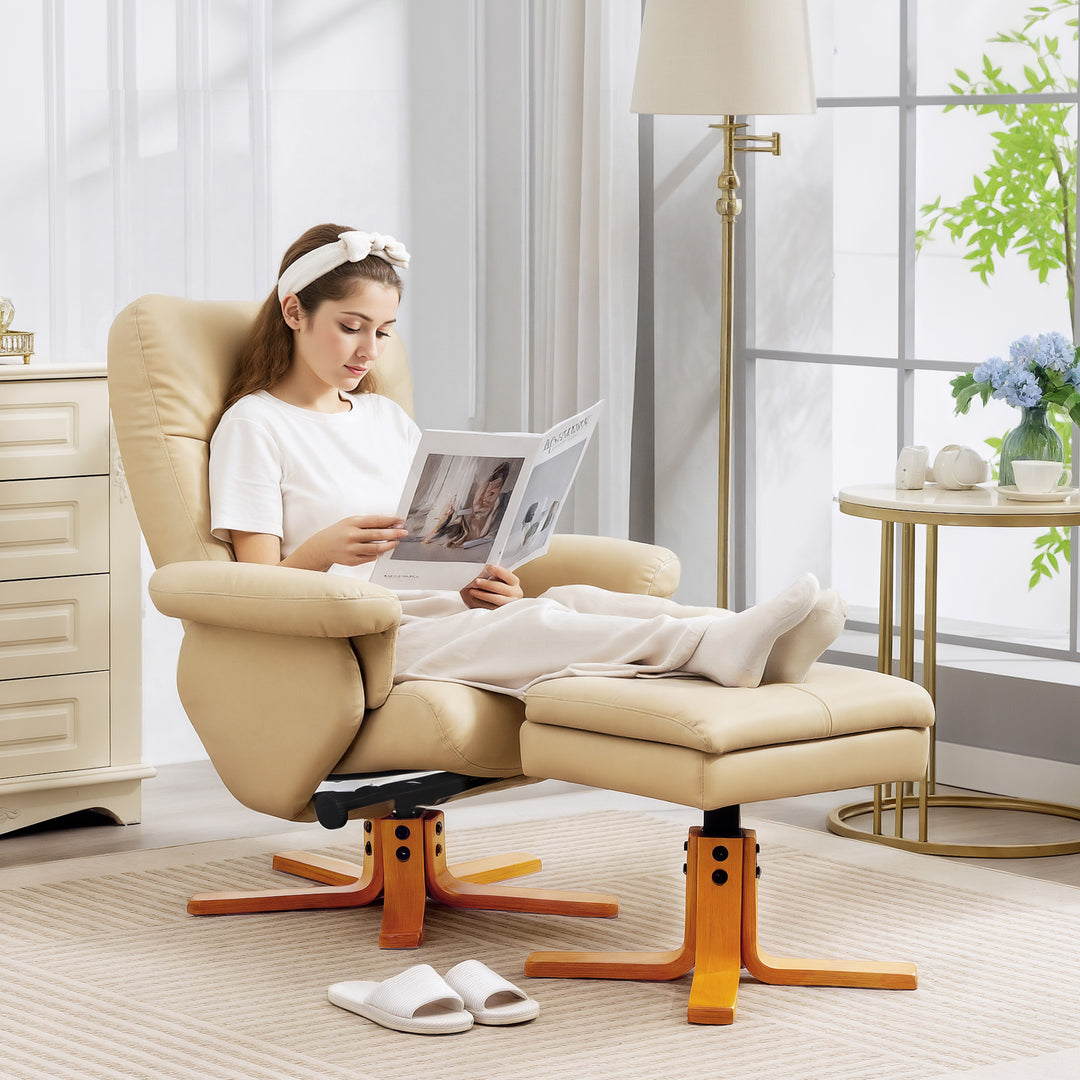 MCL PU Leather Swivel Recliner Chair with Footstool, Wooden Base and Storage for Living Room, Beige