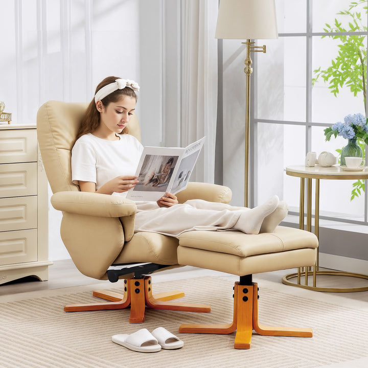 MCL PU Leather Swivel Recliner Chair with Footstool, Wooden Base and Storage for Living Room, Beige
