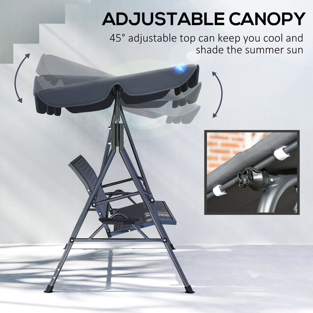 3 Seater Swing Chair, Garden Swing Seat Bench with Adjustable Canopy, Rattan Seat and Steel Frame for Patio, Yard, Grey