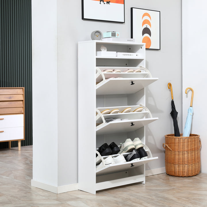 Narrow Shoe Cabinet with 3 Flip Doors, 14-18 Pairs Shoe Cupboard with Open Shelf for Slim Hallway and Entryway, 24 x 60 x 132 cm, White