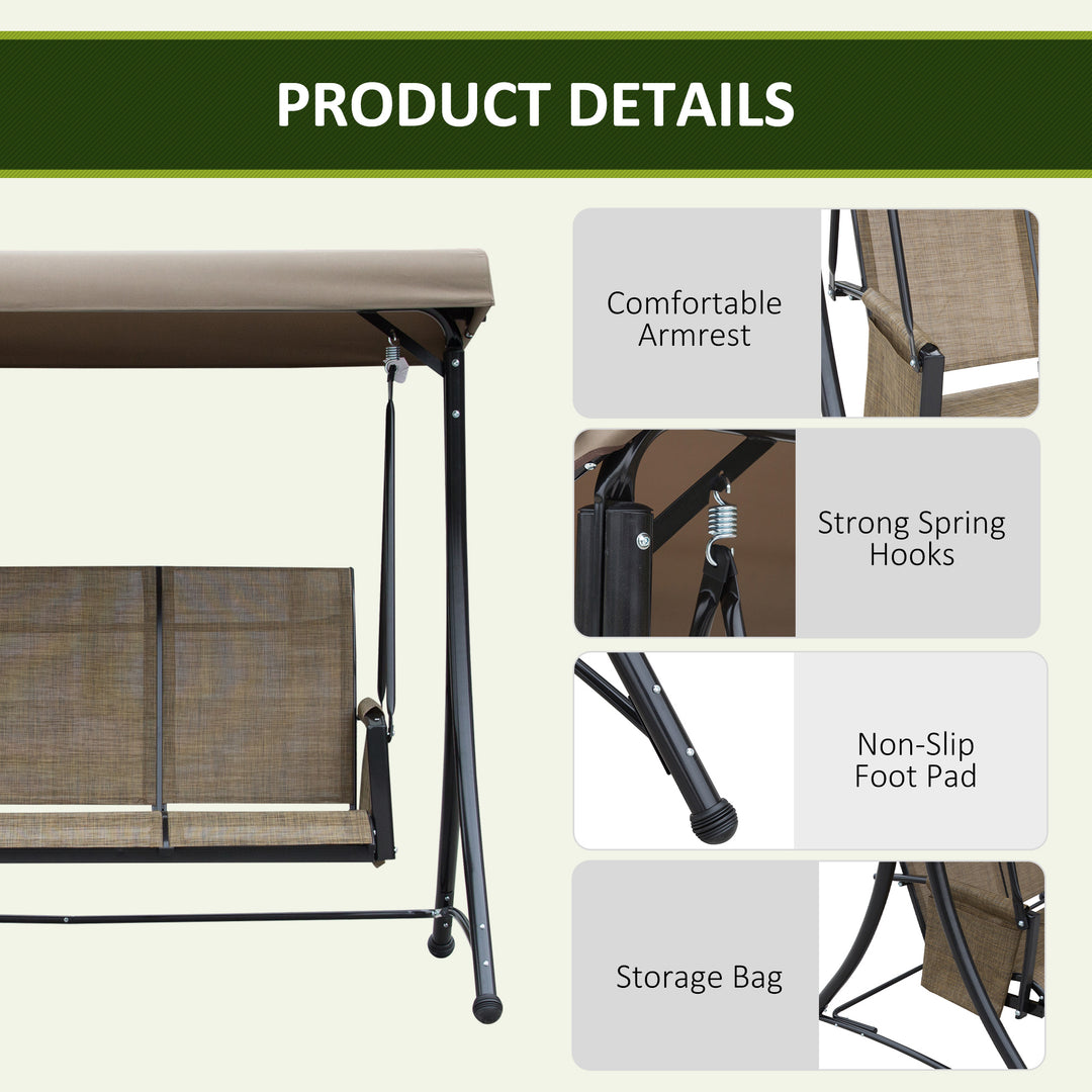 3 Seater Garden Swing Seat Outdoor Swing Chair with High Back Design, Steel Frame, Side Pouches, Adjustable Canopy, Brown
