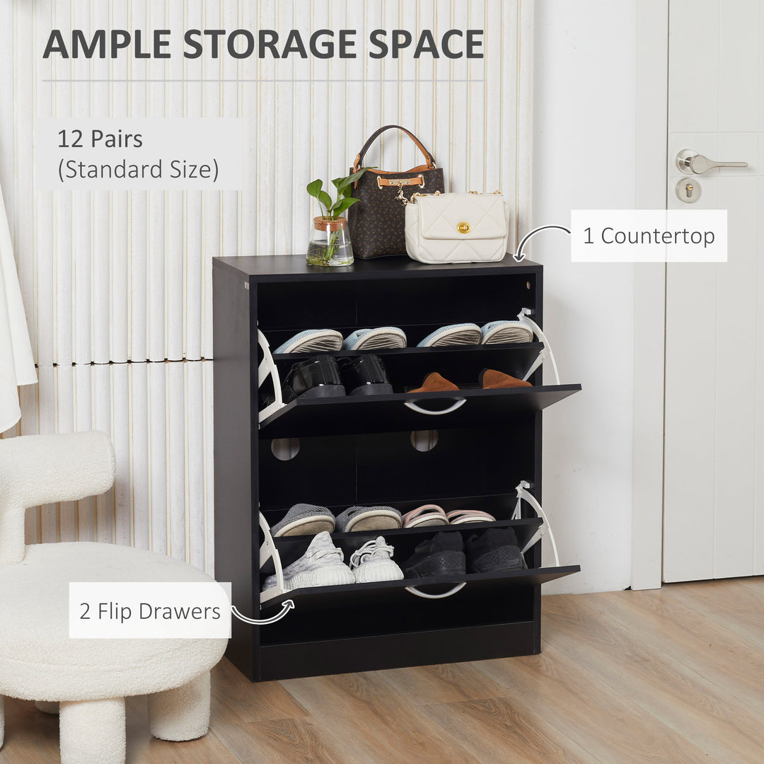 2 Drawer Shoe Cabinet, Narrow Shoe Storage Cabinet with Flip Doors and Adjustable Shelves, Slim Shoe Cupboard for 12 Pairs of Shoes for Entryway, Hallway, Black