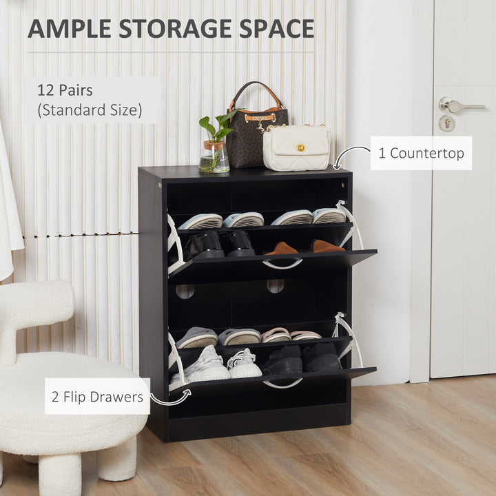 2 Drawer Shoe Cabinet, Narrow Shoe Storage Cabinet with Flip Doors and Adjustable Shelves, Slim Shoe Cupboard for 12 Pairs of Shoes for Entryway, Hallway, Black