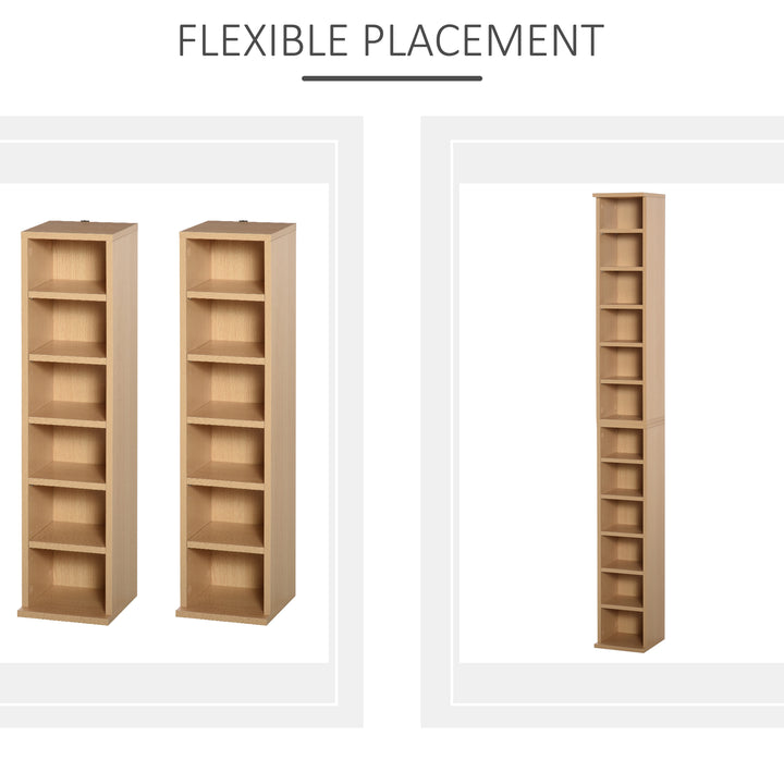 204 CD Media Display Shelf Unit Set of 2 Blu-Ray Tower Rack w/ Adjustable Shelves Bookcase Storage Organiser, Natural Wood Colour