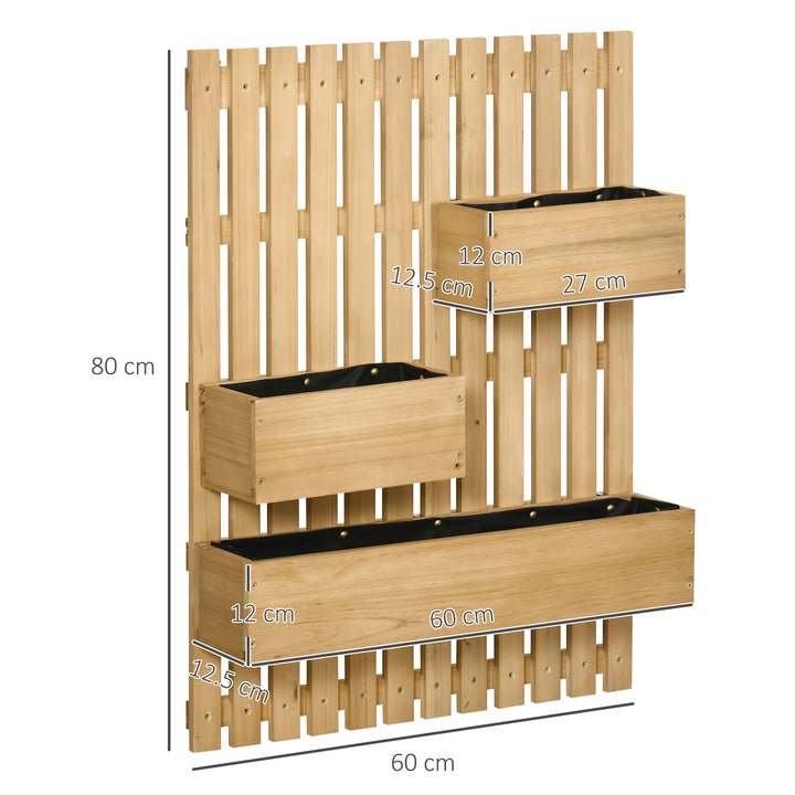 Wall-mounted Wooden Garden Planters with Trellis, Drainage Holes and 3 Planter Boxes for Patio, Natural