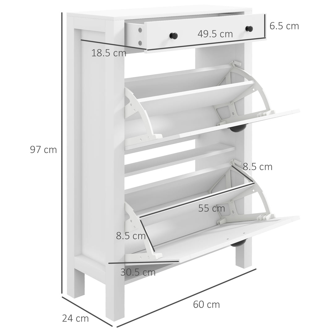 Narrow Shoe Cabinet with 2 Flip Drawers and Adjustable Shelves, White