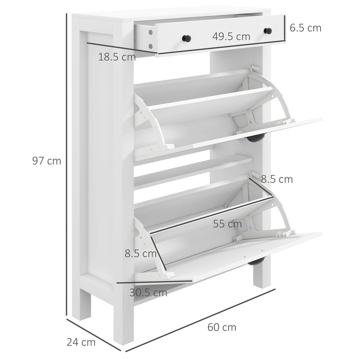 Narrow Shoe Cabinet with 2 Flip Drawers and Adjustable Shelves, White
