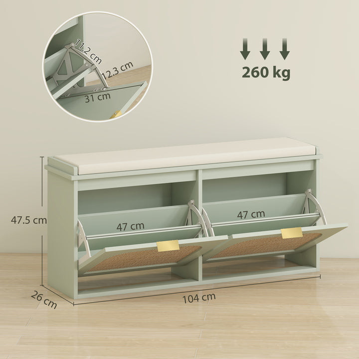 Boho Shoe Bench with Padded Seat and 2 Flip-Drawers - Light Green