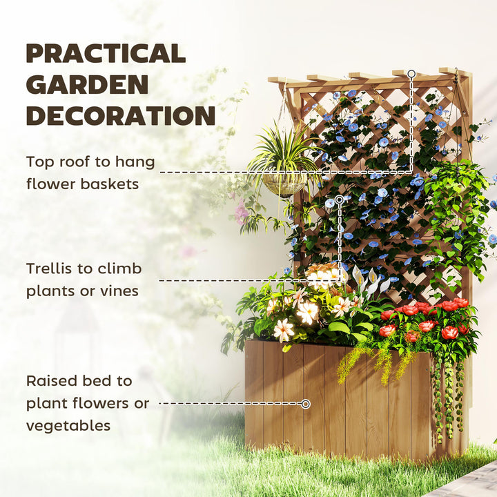 Wooden Planter with Trellis, Freestanding Raised Garden Bed with Drainage Holes, Outdoor Planter Box with Liner for Vegetables, Herbs and Flowers, Natural