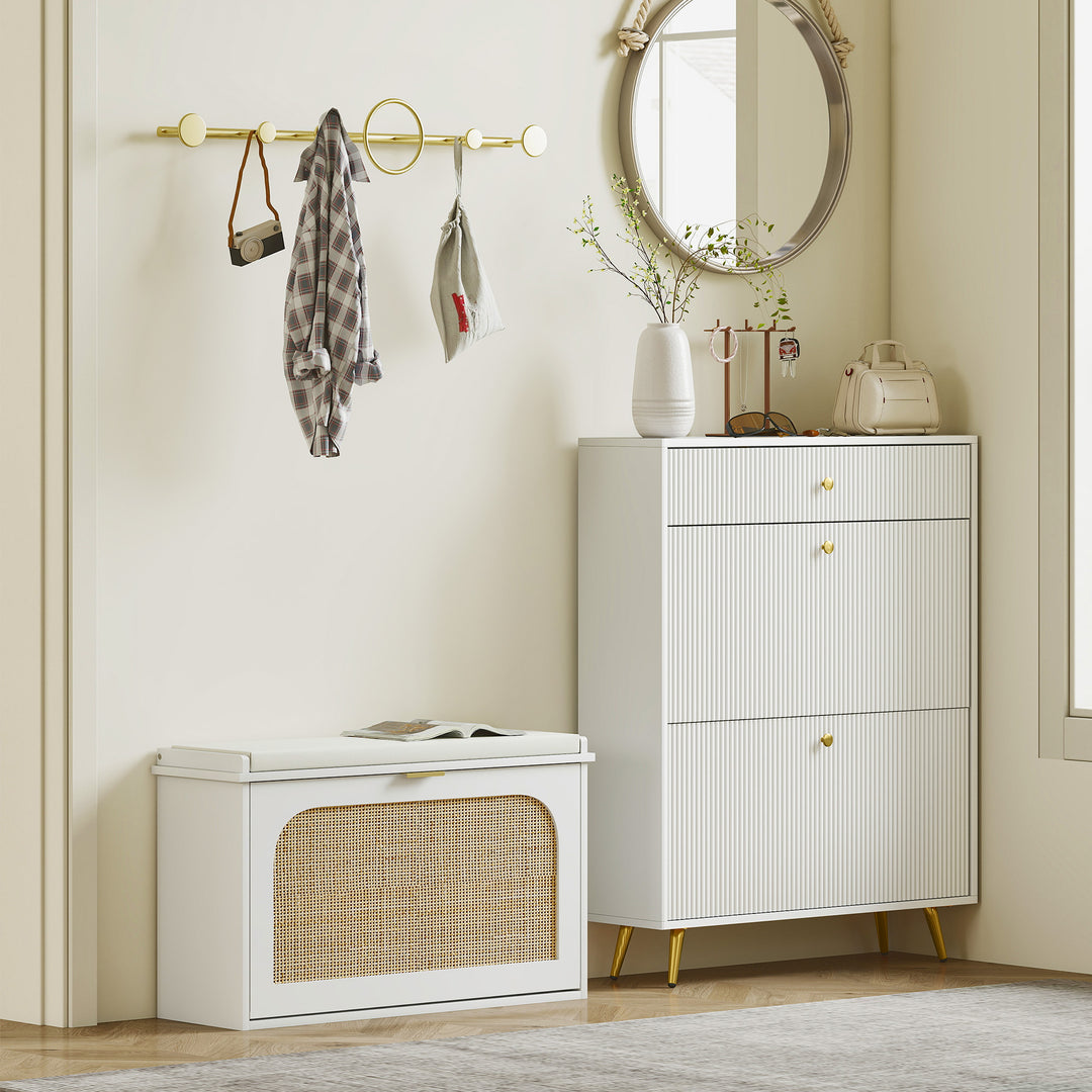 Boho Shoe Bench with Padded Seat and Flip-Drawer - White