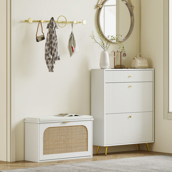 Boho Shoe Bench with Padded Seat and Flip-Drawer - White