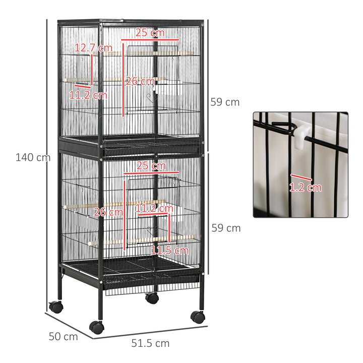 PawHut Bird Cage Budgie Cage 2 In 1 Large Aviary with Wheels Removable Trays for Finch Canaries Cockatiels Black