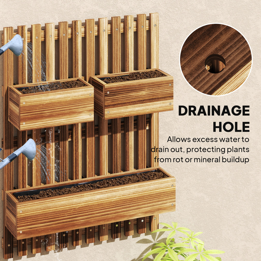 Wall-mounted Wooden Garden Planters with Trellis, Drainage Holes and 3 Planter Boxes for Patio, Carbonised
