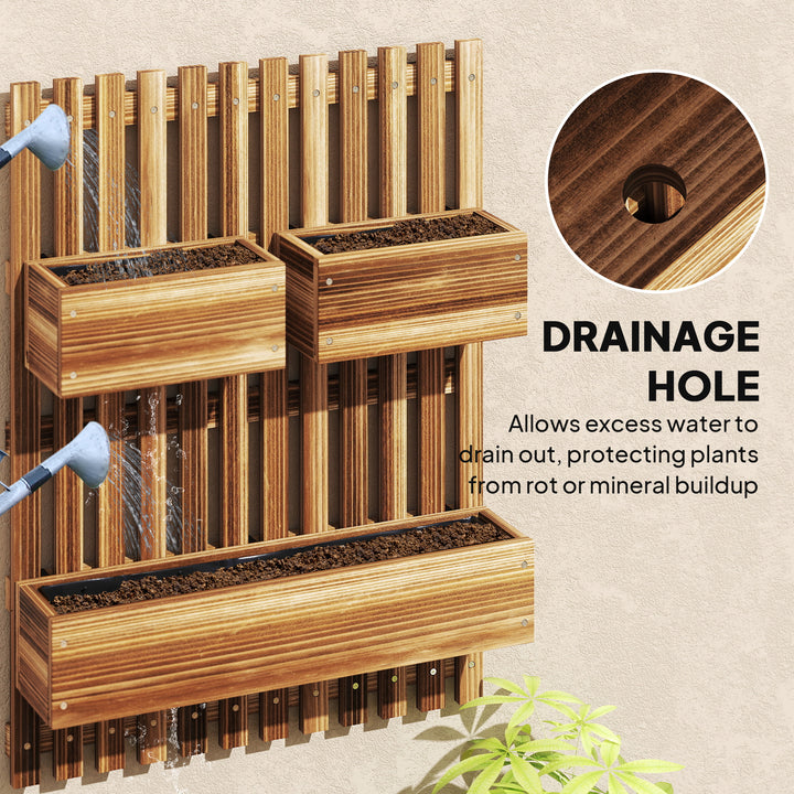 Wall-mounted Wooden Garden Planters with Trellis, Drainage Holes and 3 Planter Boxes for Patio, Carbonised