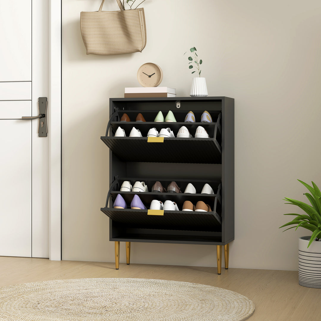 Narrow Shoe Cabinet with 2 Flip Drawers - Black