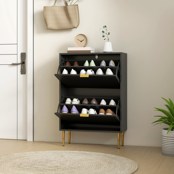 Narrow Shoe Cabinet with 2 Flip Drawers - Black