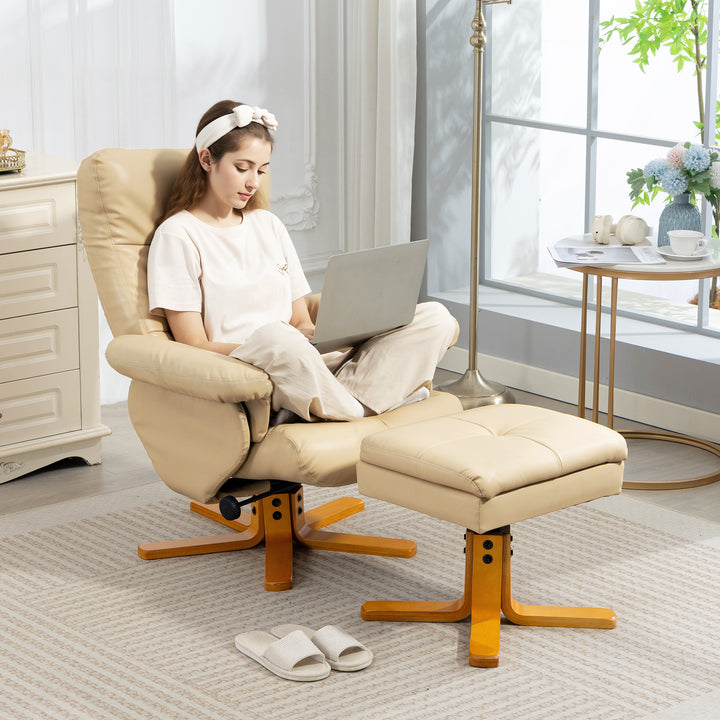MCL PU Leather Swivel Recliner Chair with Footstool, Wooden Base and Storage for Living Room, Beige