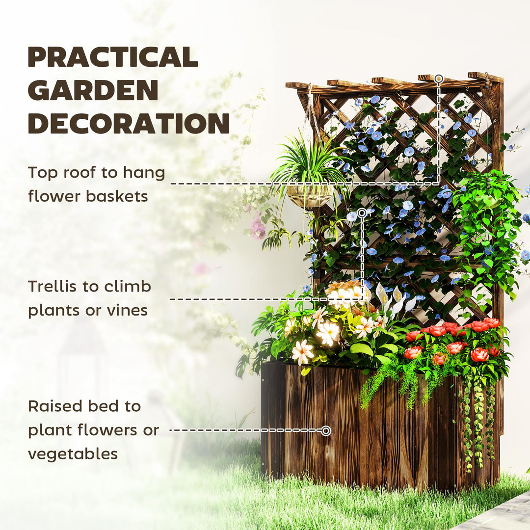 Wooden Planter with Trellis, Freestanding Raised Garden Bed with Drainage Holes, Outdoor Planter Box with Liner for Vegetables, Herbs and Flowers, Carbonised