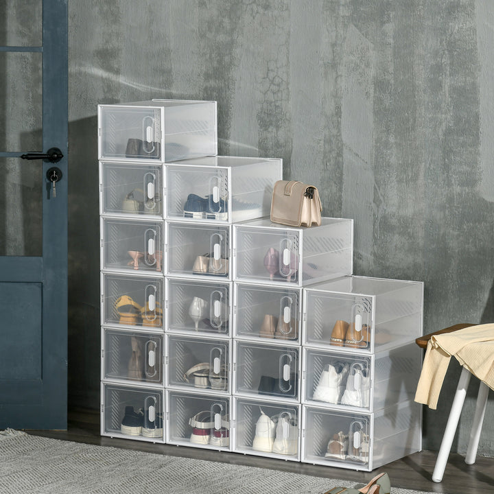 18PCS Clear Shoe Box, Plastic Stackable Shoe Storage Box for UK/EU Size up to 8.5/43 with Magnetic Door for Women/Men, 25 x 35 x 19cm