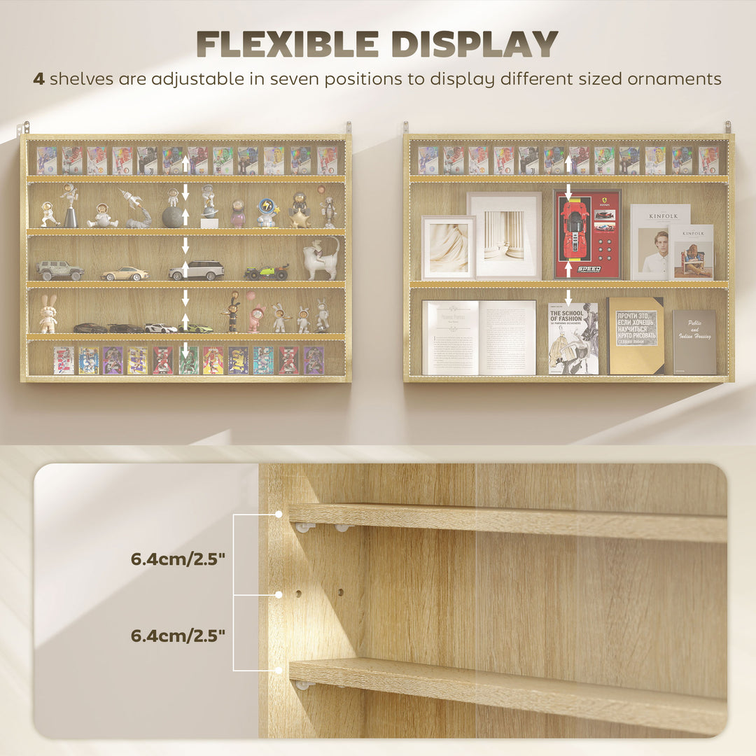 5-Tier Wall Display Shelf Unit Cabinet w/ 4 Adjustable Shelves Glass Doors Home Office Ornaments 60x80cm Oak