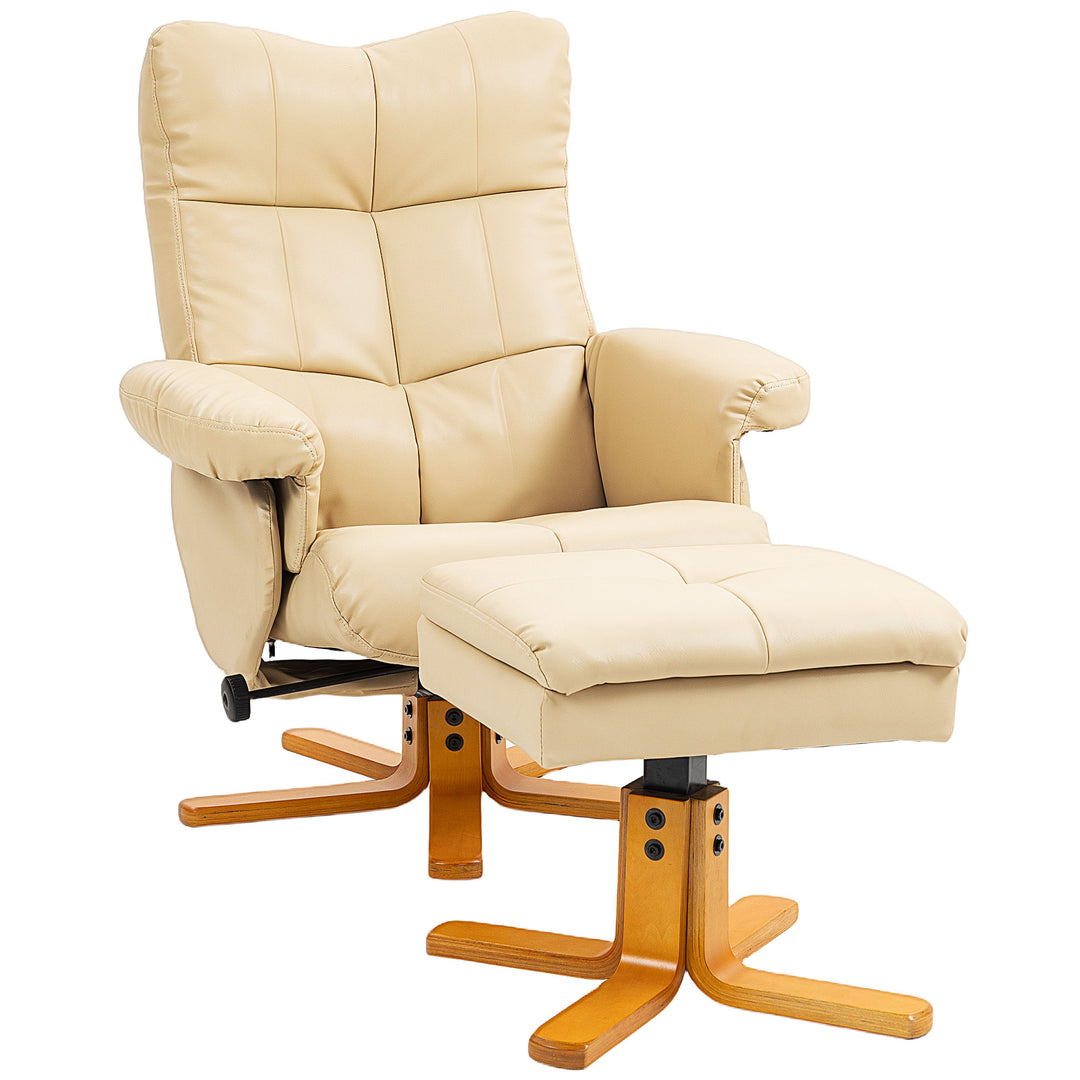 MCL PU Leather Swivel Recliner Chair with Footstool, Wooden Base and Storage for Living Room, Beige