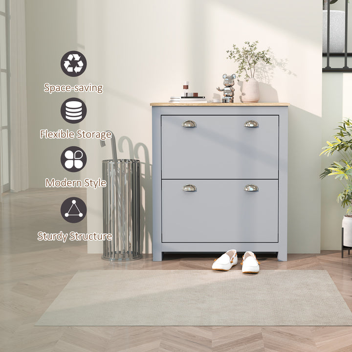 2 Drawer Shoe Cabinet Modern Narrow Shoe Cupboard Hallway Wooden Storage Organiser with Flip Doors Adjustable Shelf for 6-12 Pairs, Grey