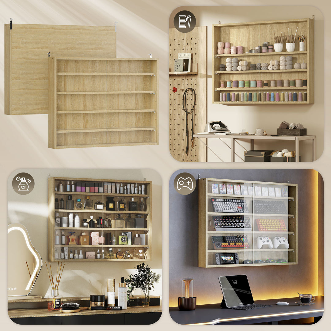 5-Tier Wall Display Shelf Unit Cabinet w/ 4 Adjustable Shelves Glass Doors Home Office Ornaments 60x80cm Oak