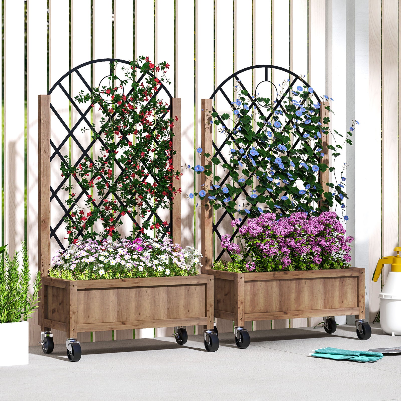 Wooden Planter, with Metal Trellis - Brown/Black