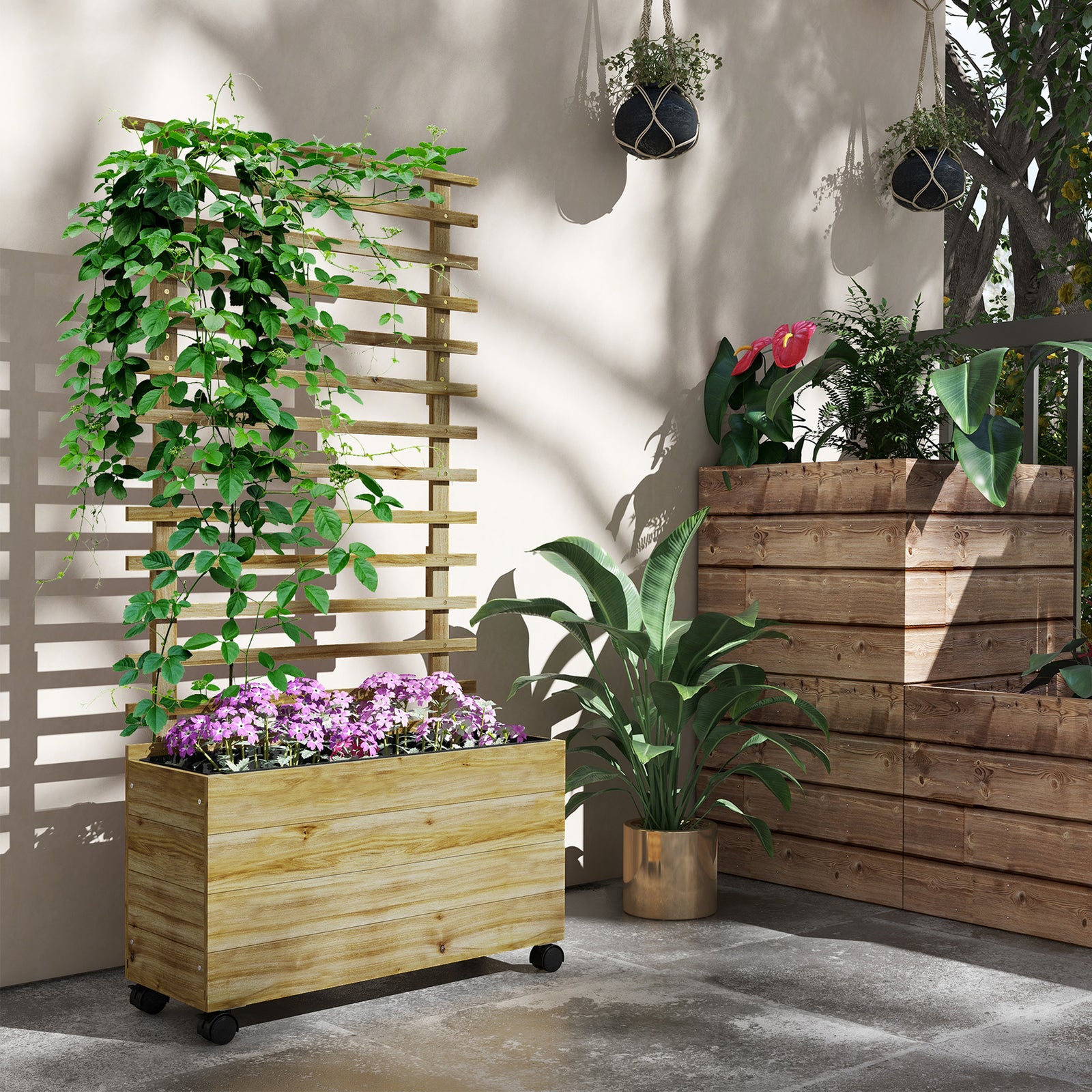 Wooden Raised Planter, with Back Trellis - Natural Finish