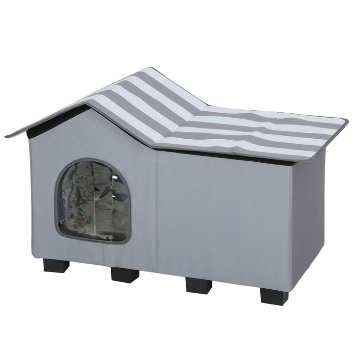 PawHut Outdoor Cat House, Weatherproof Feral Cat Cave with Elevated Base and Cushion for Winter, Grey