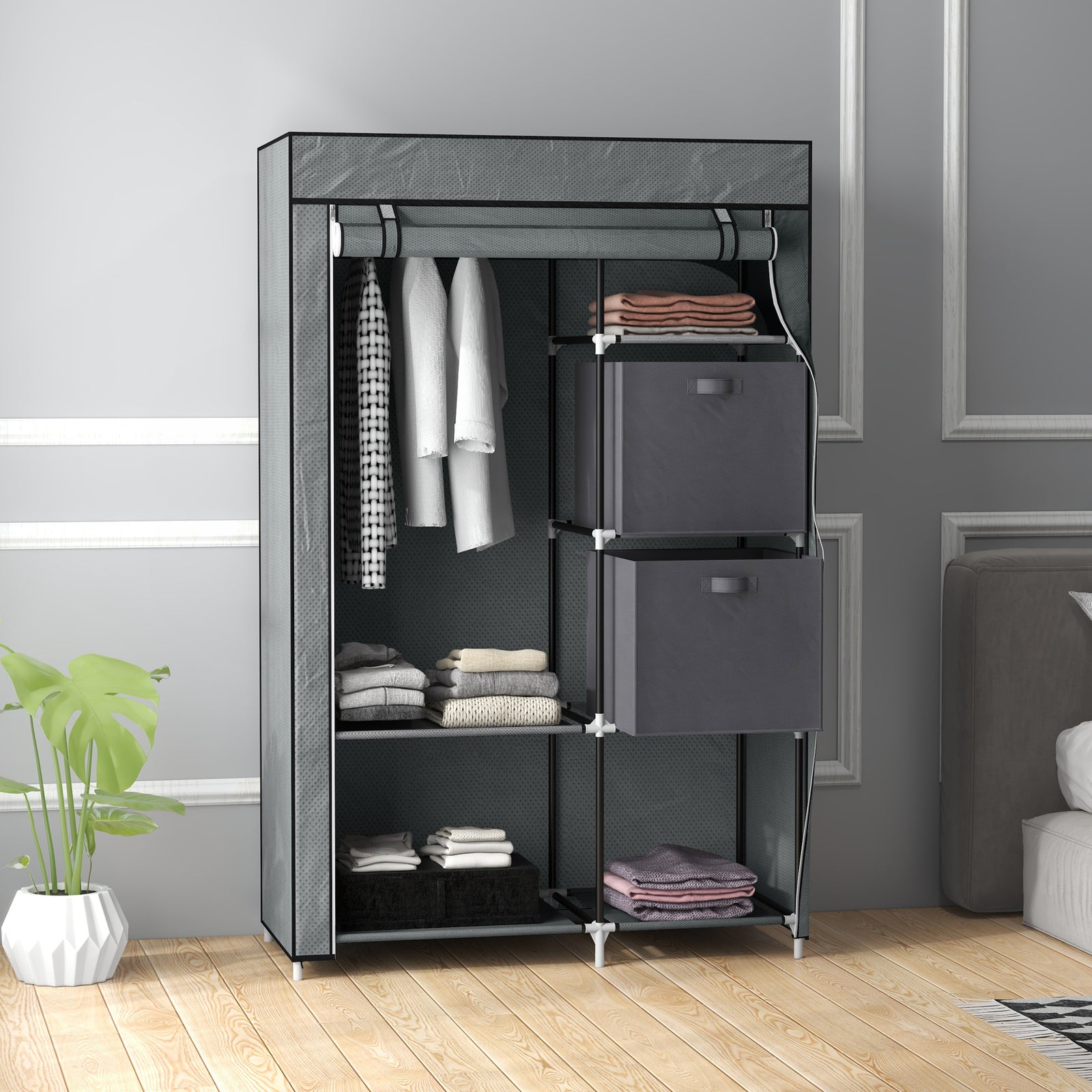 Fabric Wardrobe, Portable Wardrobe, Clothes Storage Unit with 5 Compartments, Hanging Rail and 2 Fabric Drawers, 102 x 42.5 x 162.5cm, Dark Grey