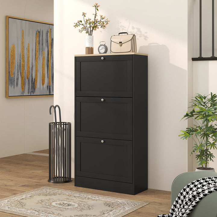 Modern Compact Three-Drawer Shoe Storage Cabinet - Black