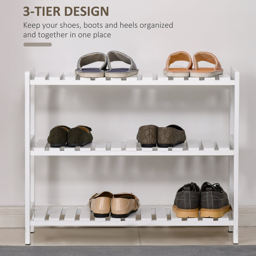 3-Tier Shoe Rack Wood Frame Slatted Shelves Spacious Open Hygienic Storage Home Hallway Furniture Family Guests 70L x 26W x 57.5H cm - White